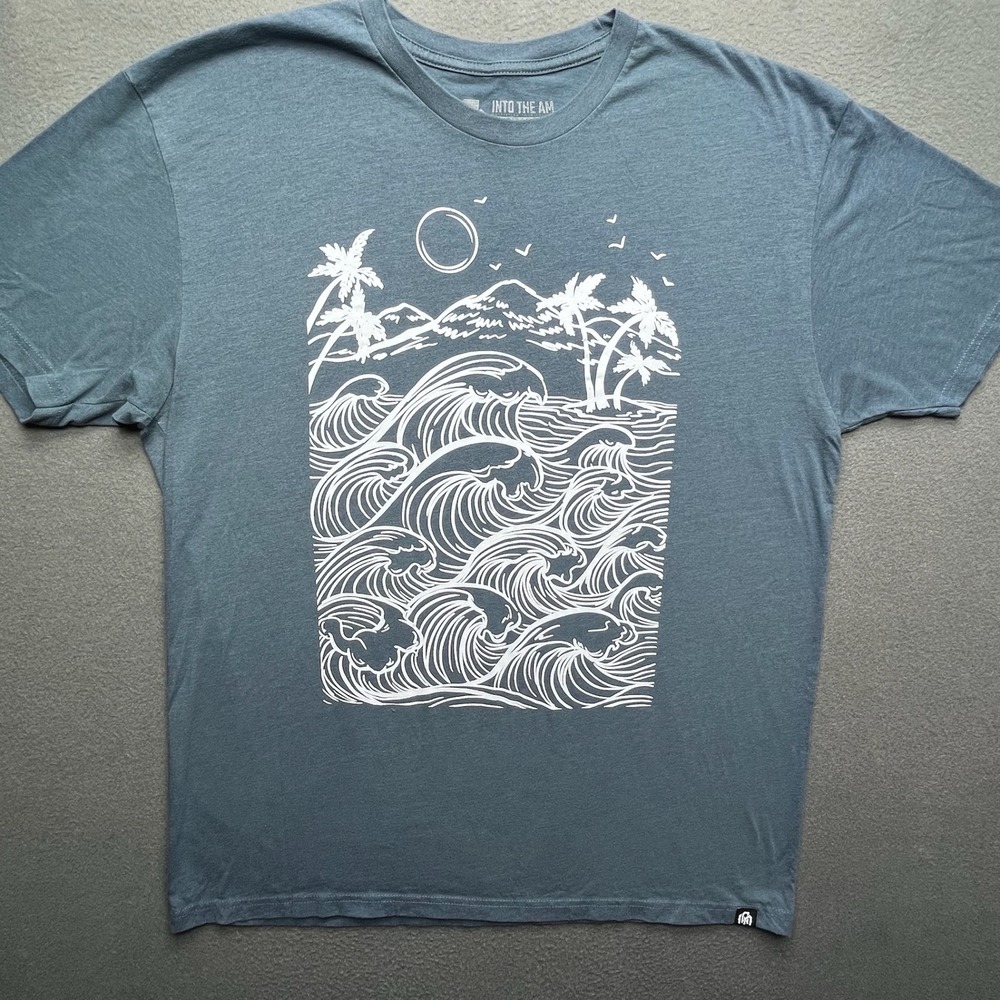 Into The AM Men T-Shirt Cotton Blend XL Blue Surf Graphic Wave Palm Tree Tee